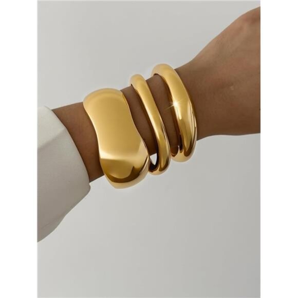 3 Pcs Chunky Gold Bangles for Women | Adjustable Spring-Loaded Bracelet Set. - Picture 2 of 6